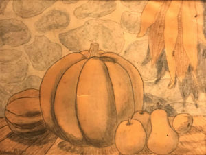 Still Life with Corn, Melons, and Apples | Charcoal on Manilla drawing paper